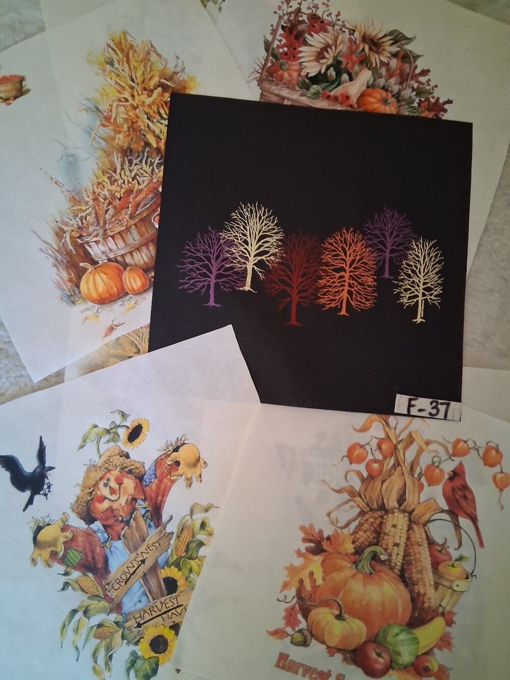 Vintage Karen Dunn, Fall Harvest Themed felt-finish watercolor stock- Set of 8